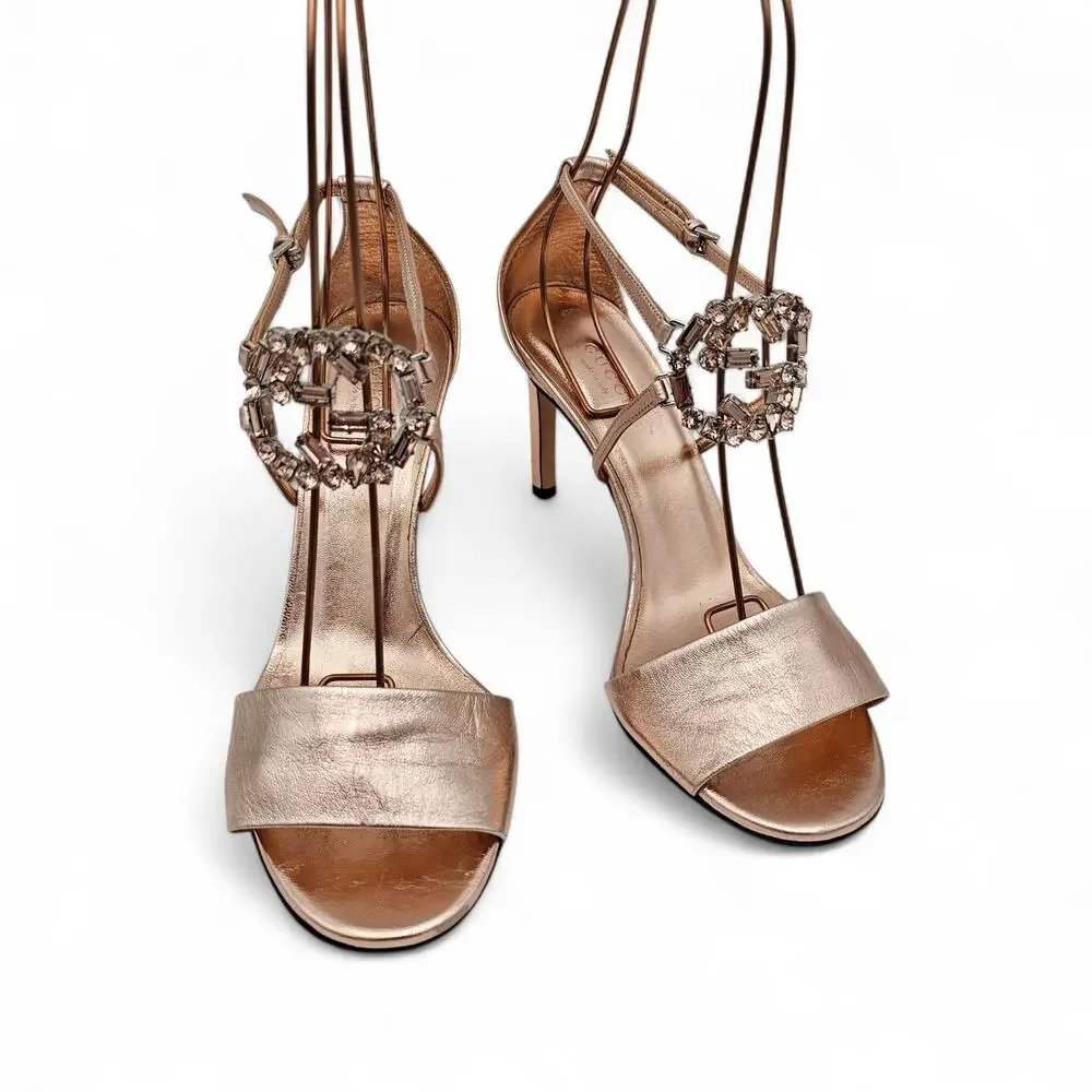 Gucci GG Crystal Stilleto High Heel Sandal Pink Rose Gold Size 38.5 US 8.5 - Picture 3 of 12